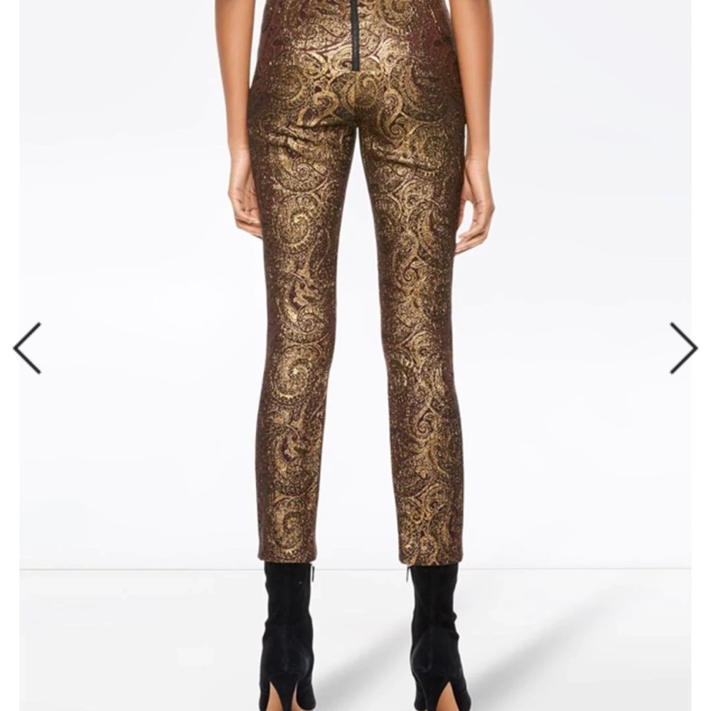 Alice & Olivia gold and burgundy paisley pant.